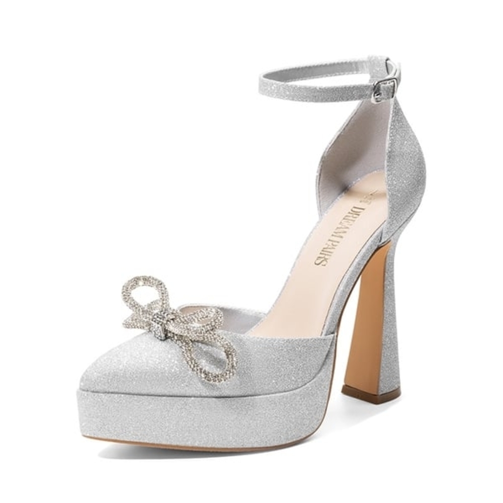 DreamPairs Silver Glitter Heels with Bow Accent